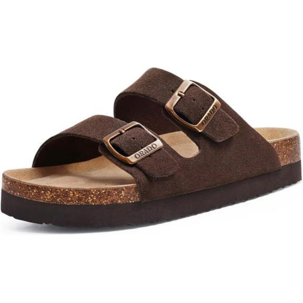 Platform Suede Sandals for Women Cork Footbed Adjustable Buckle Summer Slides